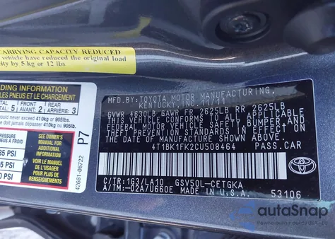 2012 Toyota Camry Xle V6 z USA, uszkodzony, nr VIN 4T1BK1FK2CU508464